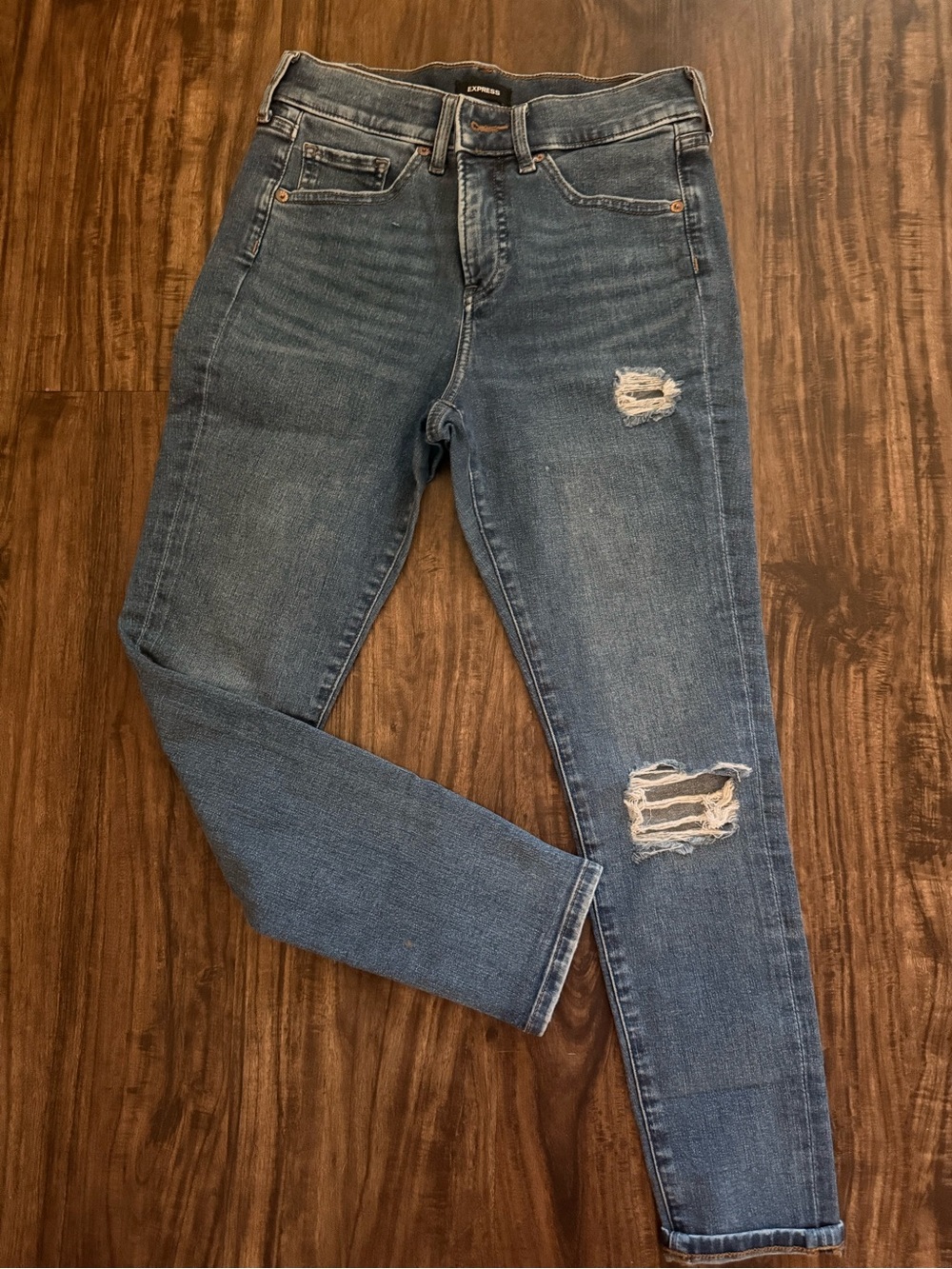Express Distressed High-Rise Skinny Jeans - Medium Blue